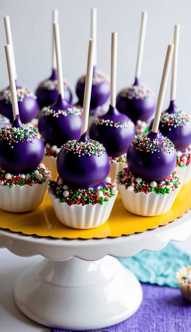 A platter of royal purple velvet cake pops arranged in a decorative display