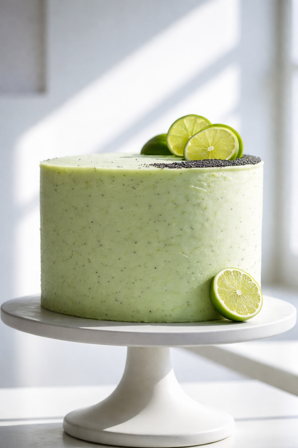 A round cake with pale green frosting, topped with poppy seeds and sliced limes, displayed on a white cake stand in natural light.