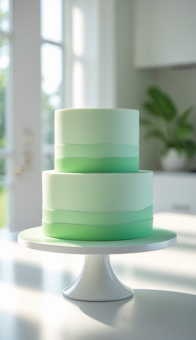 Two-tier light green ombre cake on a white cake stand on a clean surface in a bright home kitchen.