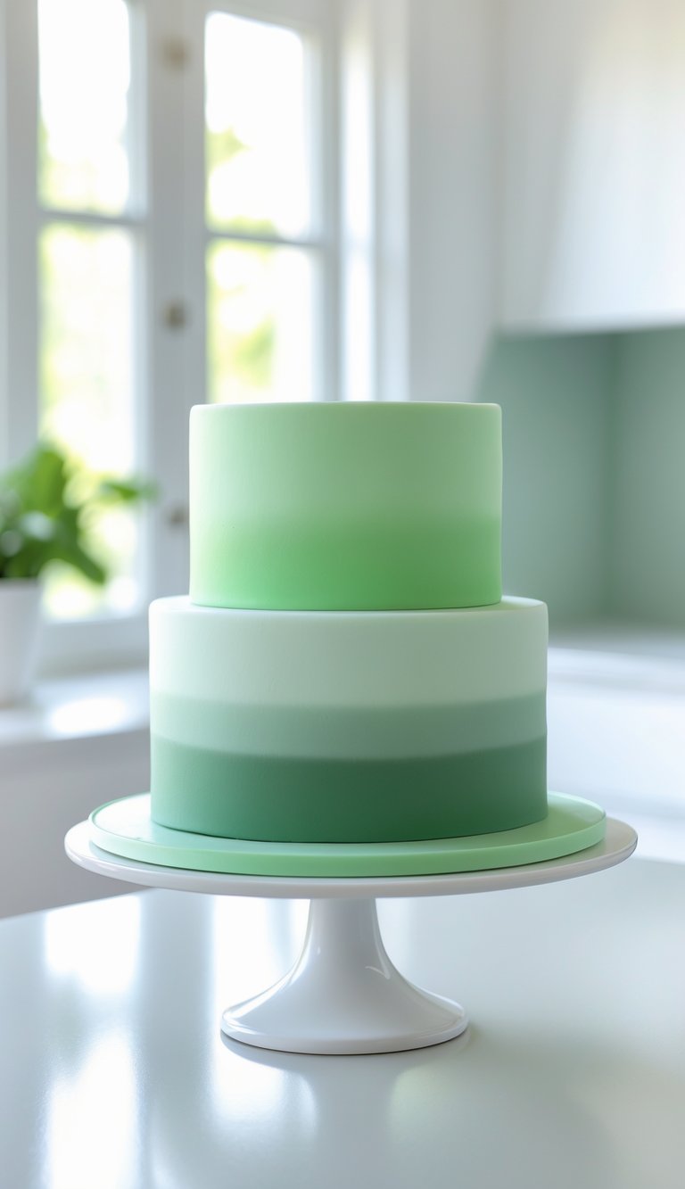 A two-tier green gradient cake on a white cake stand in a bright home kitchen.