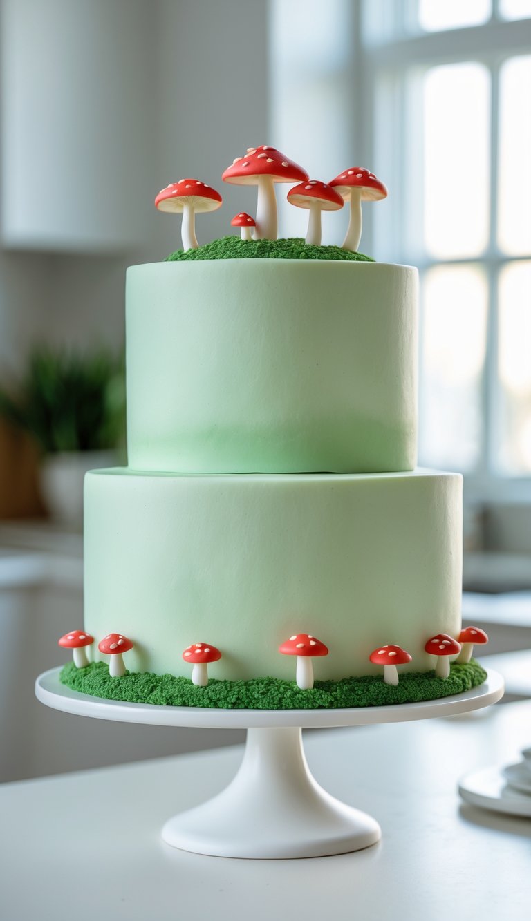 A two-tiered light green cake decorated with red and white fondant mushrooms, displayed on a white cake stand in a bright kitchen.