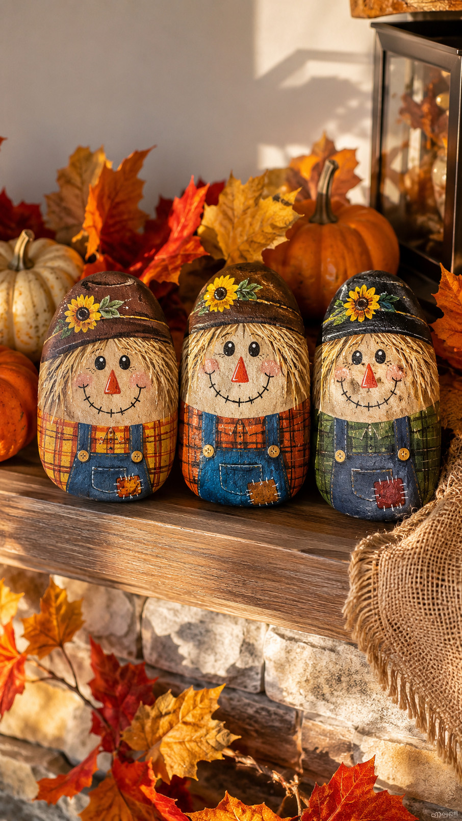Painted rock scarecrow with a brown acorn hat, rosy cheeks, and a cheerful smile surrounded by autumn leaves and mini pumpkins.