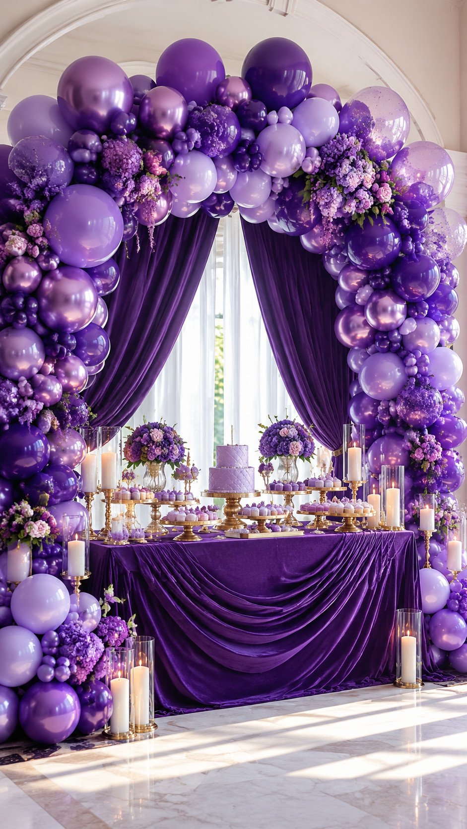 A purple balloon arch with amethyst, lavender, and pearl balloons, white florals, satin ribbon, and a crescent moon accent.