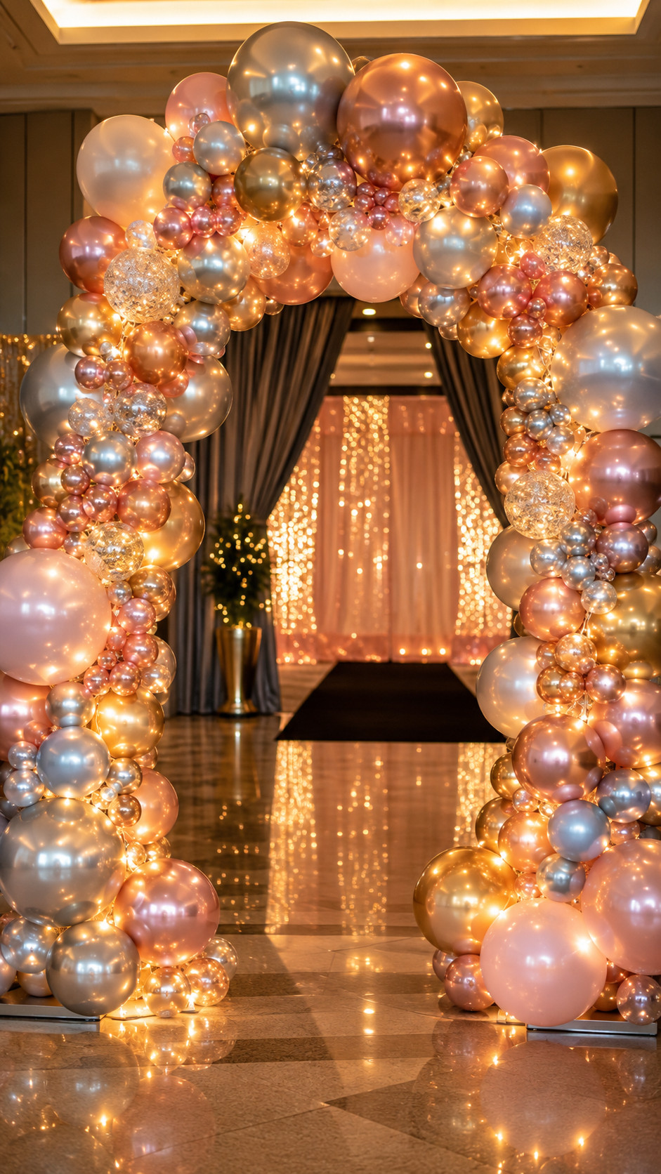 A prom balloon arch featuring deep violet, silver, and chrome balloons woven with cool white lights for a sparkling metallic entrance.