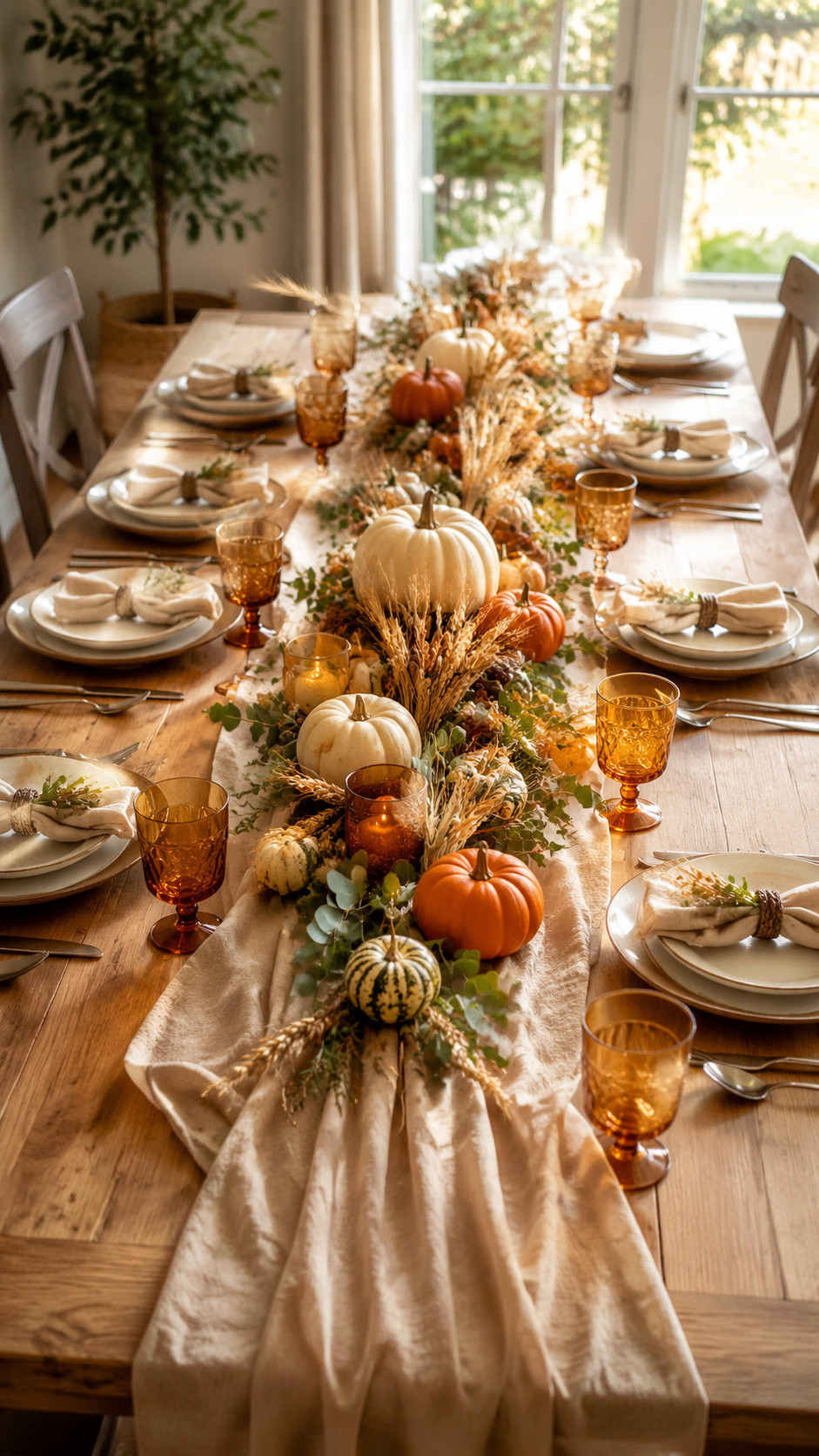 Photo of a Thanksgiving table with a wooden bowl of red and green apples, burlap runner, brass candlesticks, lit candles, and plaid napkins creating a cozy autumn tablescape.