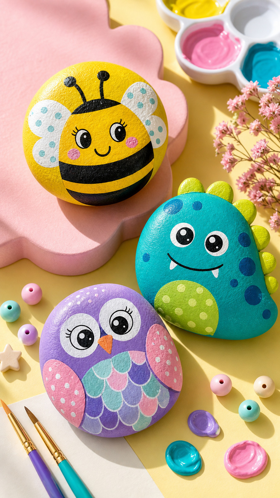 A painted rock featuring Ariel with bright red hair, a turquoise tail, bubbles, colorful coral, and shimmering seaweed.