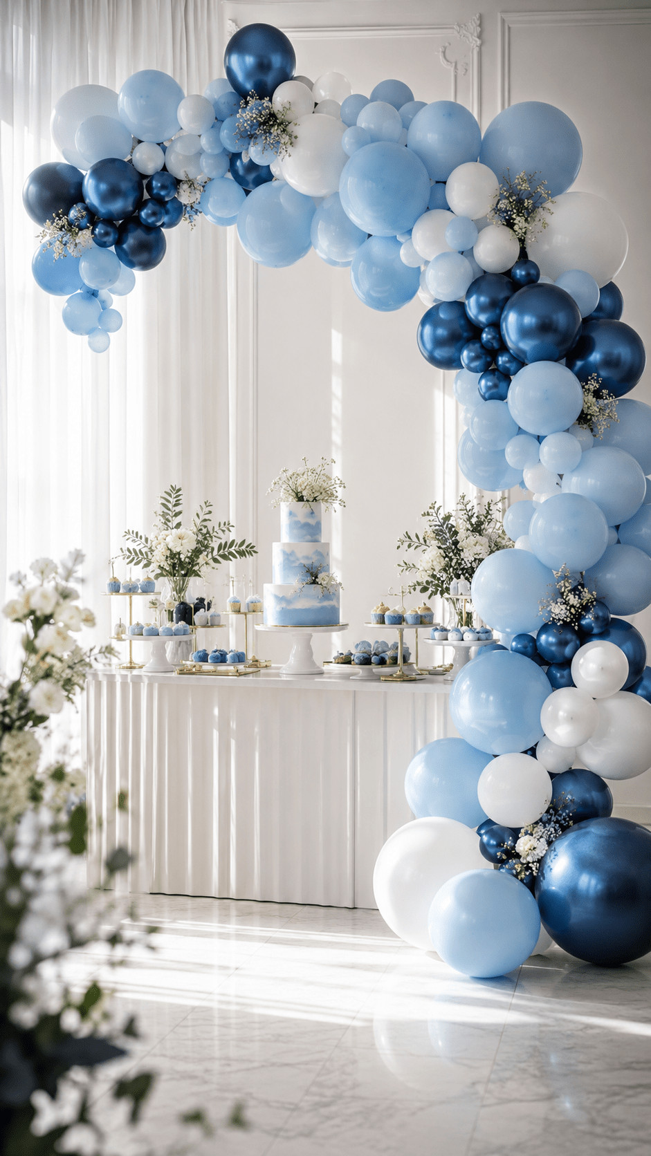 A blue balloon arch with powder blue, pearl white, and icy silver balloons arranged in a cascading design beside an elegant dessert table.