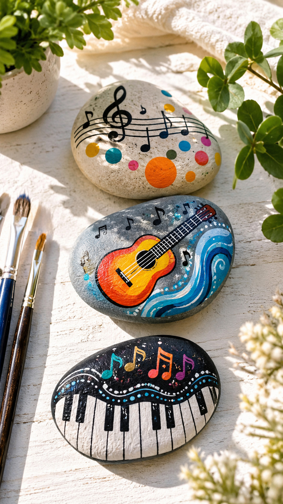 A painted rock featuring a colorful vintage boombox in turquoise, coral, and yellow with music notes on a bright background.