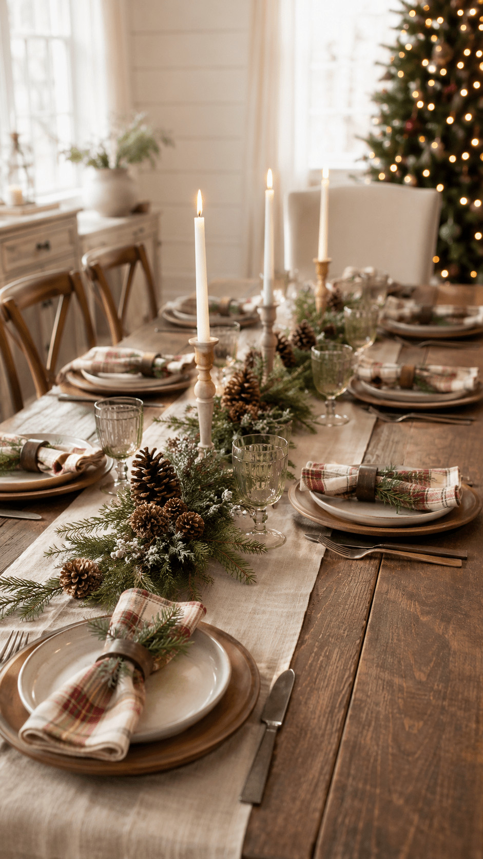 Photo of a farmhouse Christmas table with a burlap runner, deep cranberry napkins, scattered red berries, evergreen sprigs, wooden chargers, and brass candlesticks.