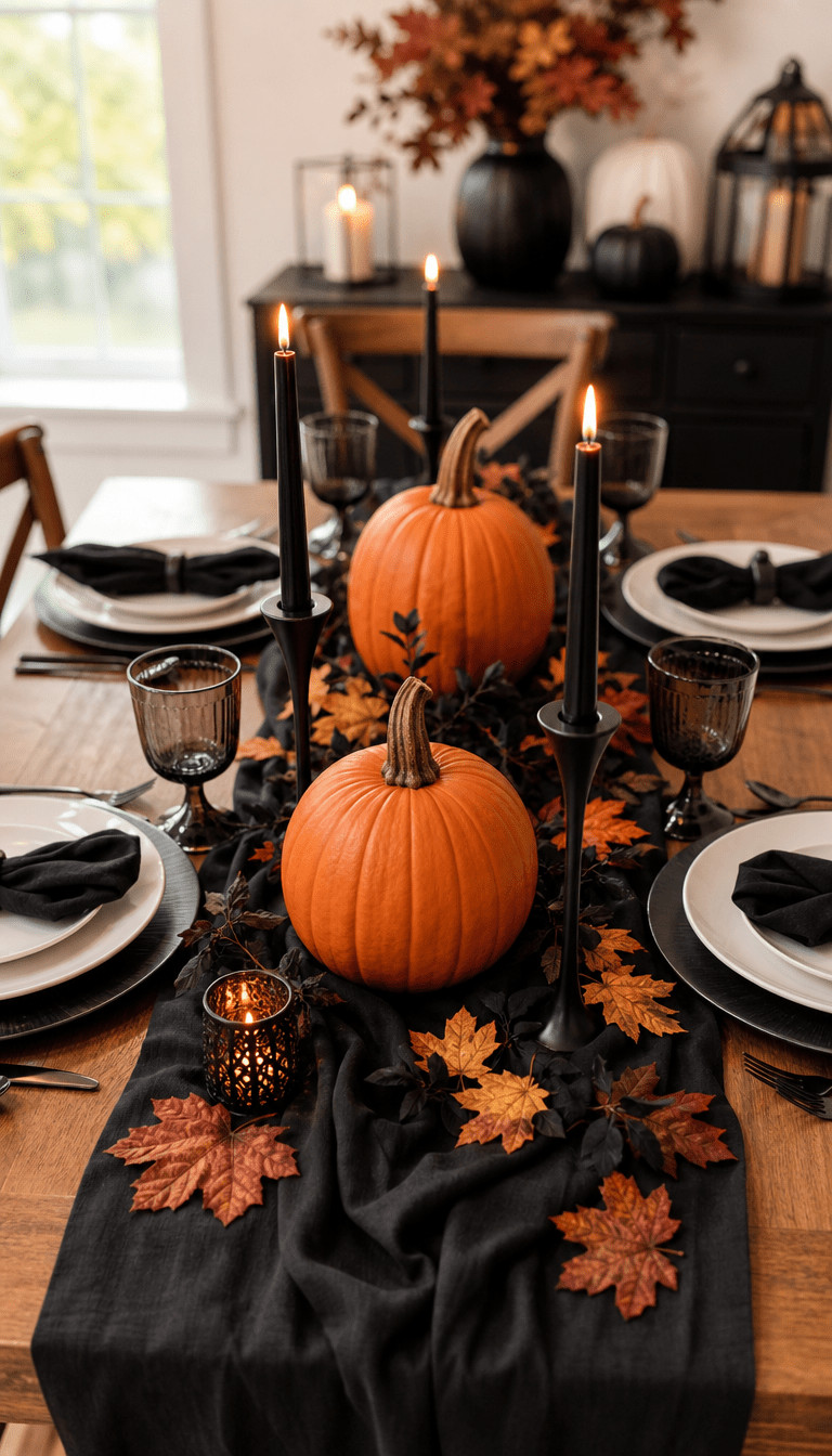 Tabletop photo of a Halloween tablescape with candy-corn colored votive candles, striped orange-and-white napkins, and matte black chargers.