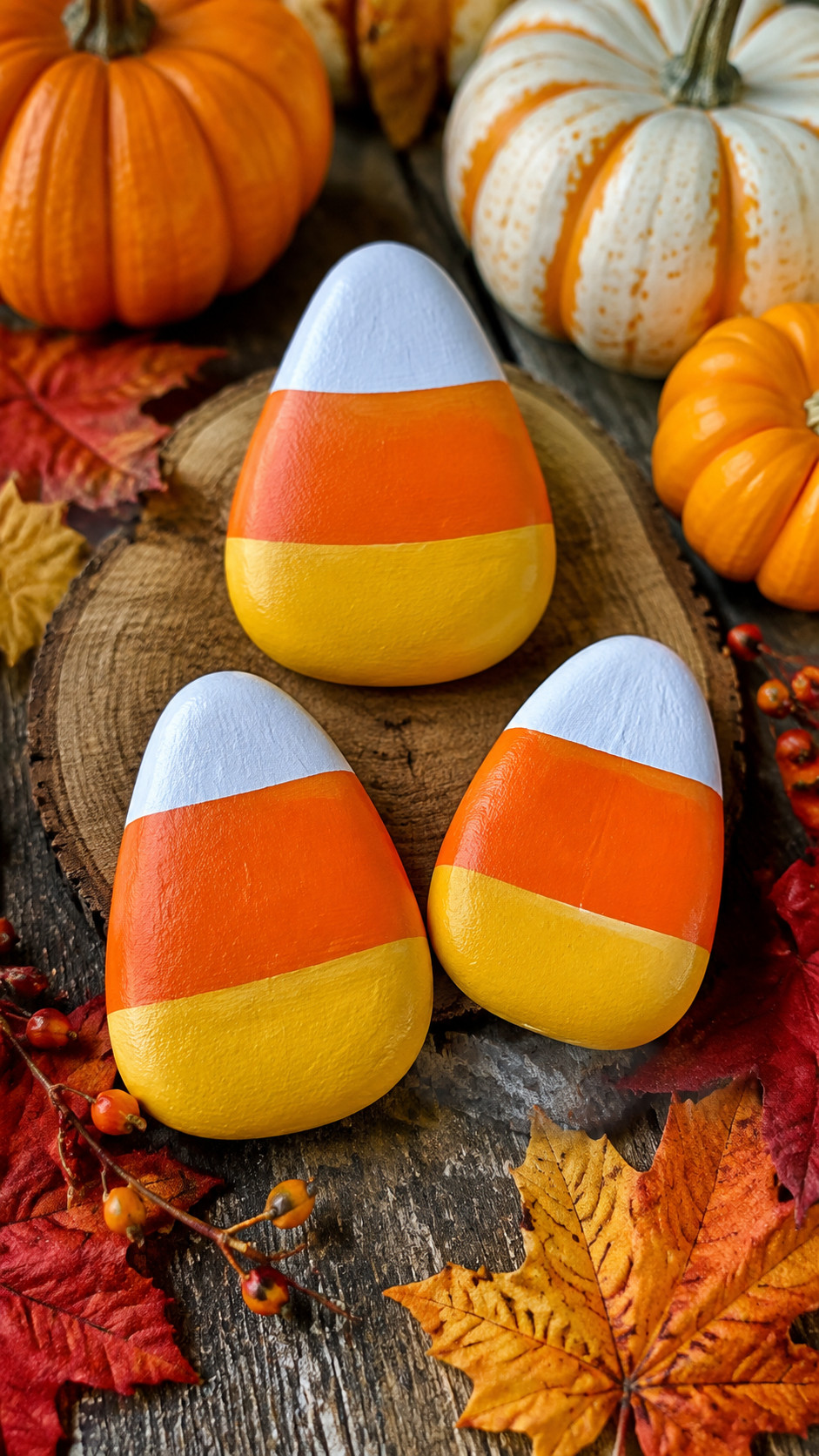 A painted rock featuring a cute bat decorated with candy corn-colored orange, yellow, and white stripes for Halloween fall decor.
