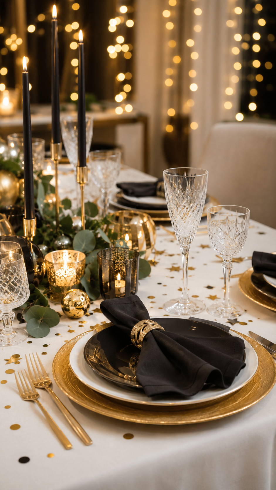 Iridescent chargers with frosted champagne glasses, pale gold accents, and glowing candles on an effervescent New Year’s Eve tablescape.