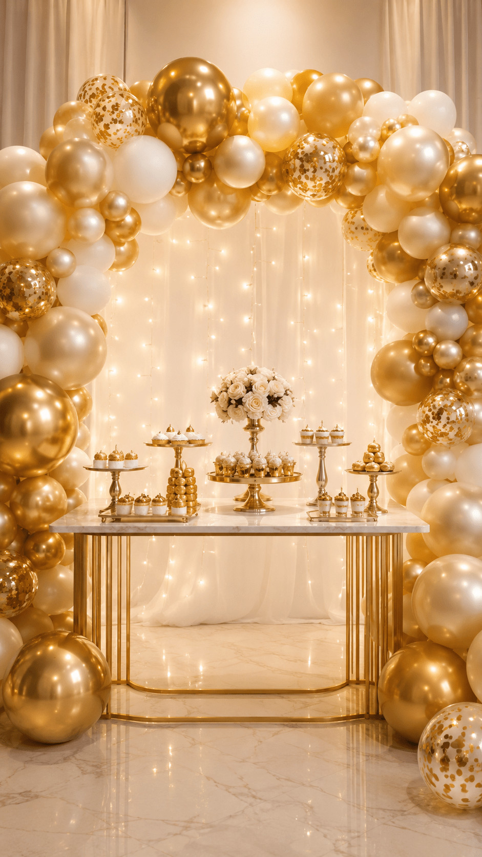 Photo of a champagne balloon arch with pearlized balloons and twinkling fairy lights creating a soft, romantic rooftop sunset backdrop.