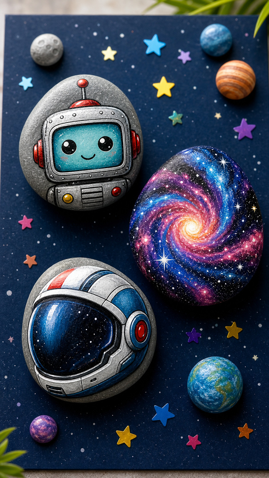 A white, orange, and silver BB-8 painted rock with colorful droid details on a display surface.