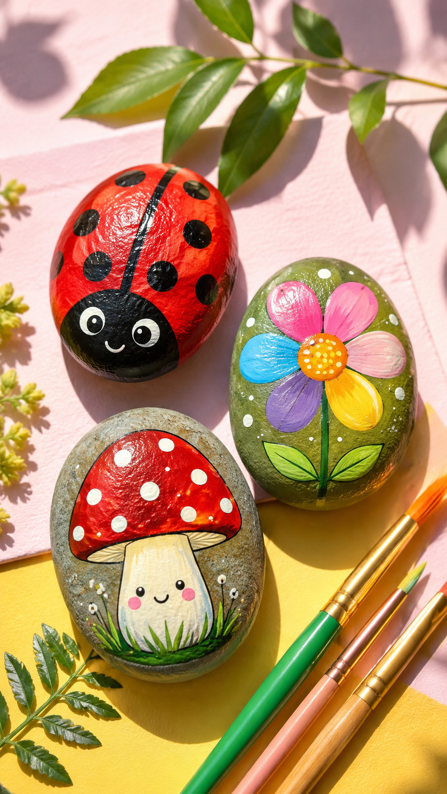 Photo of cheerful ladybug painted rocks with bright red shells, black spots, and tiny feelers arranged in a garden setting.