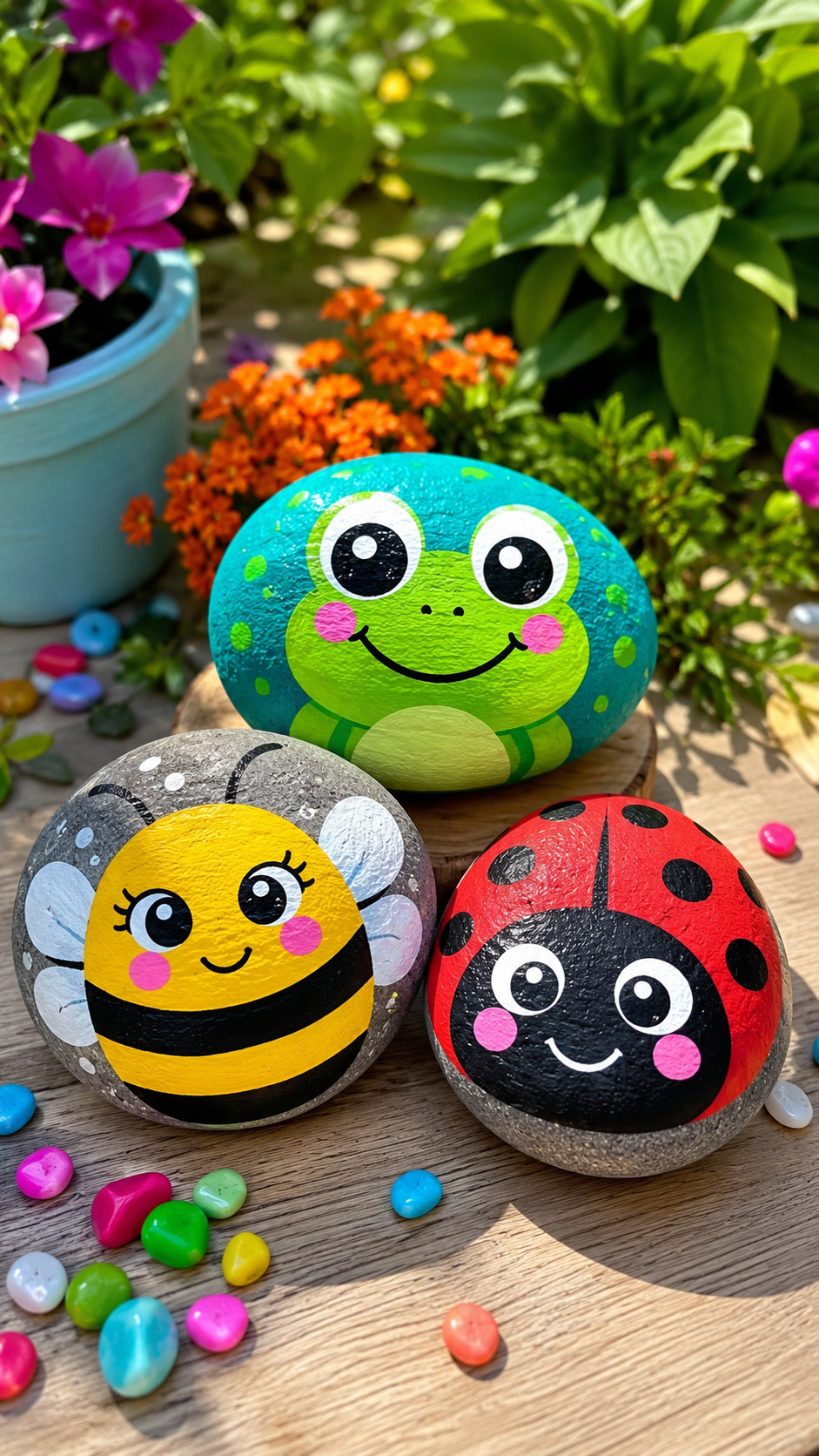 A cheerful Winnie the Pooh painted rock with a golden face, red shirt, and friendly smile.