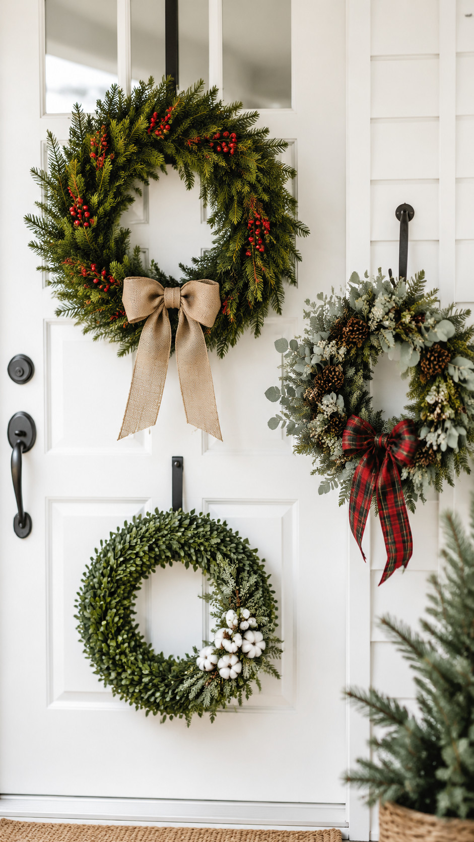 Close-up photo of a citrus and cinnamon wreath with dried orange slices, cinnamon sticks, and evergreen sprigs hanging on a wood front door.
