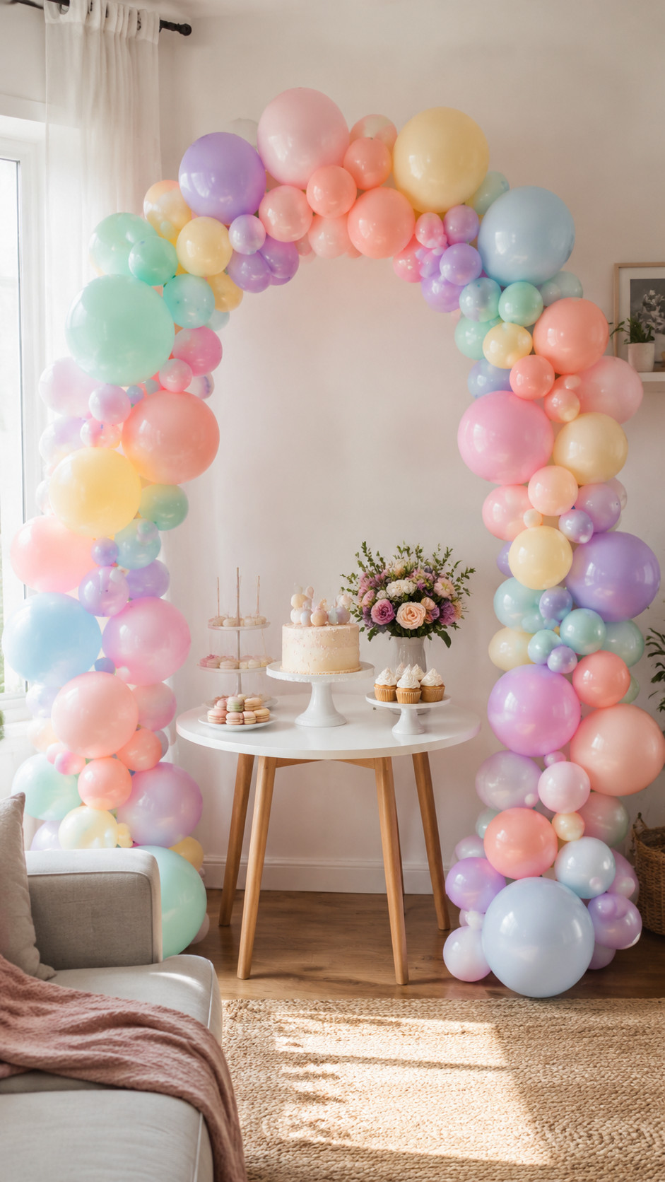 A compact citrus balloon arch with lemon yellow, tangerine, and creamy white balloons, white blossoms, and glossy green leaves decorating a snug party corner.