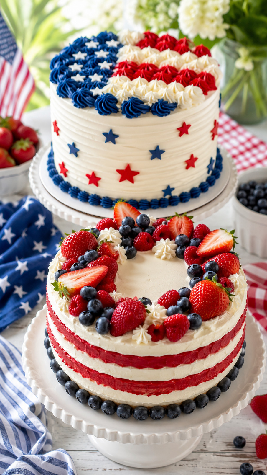 A patriotic confetti celebration cake with white frosting, red and blue sprinkles, and a star topper.