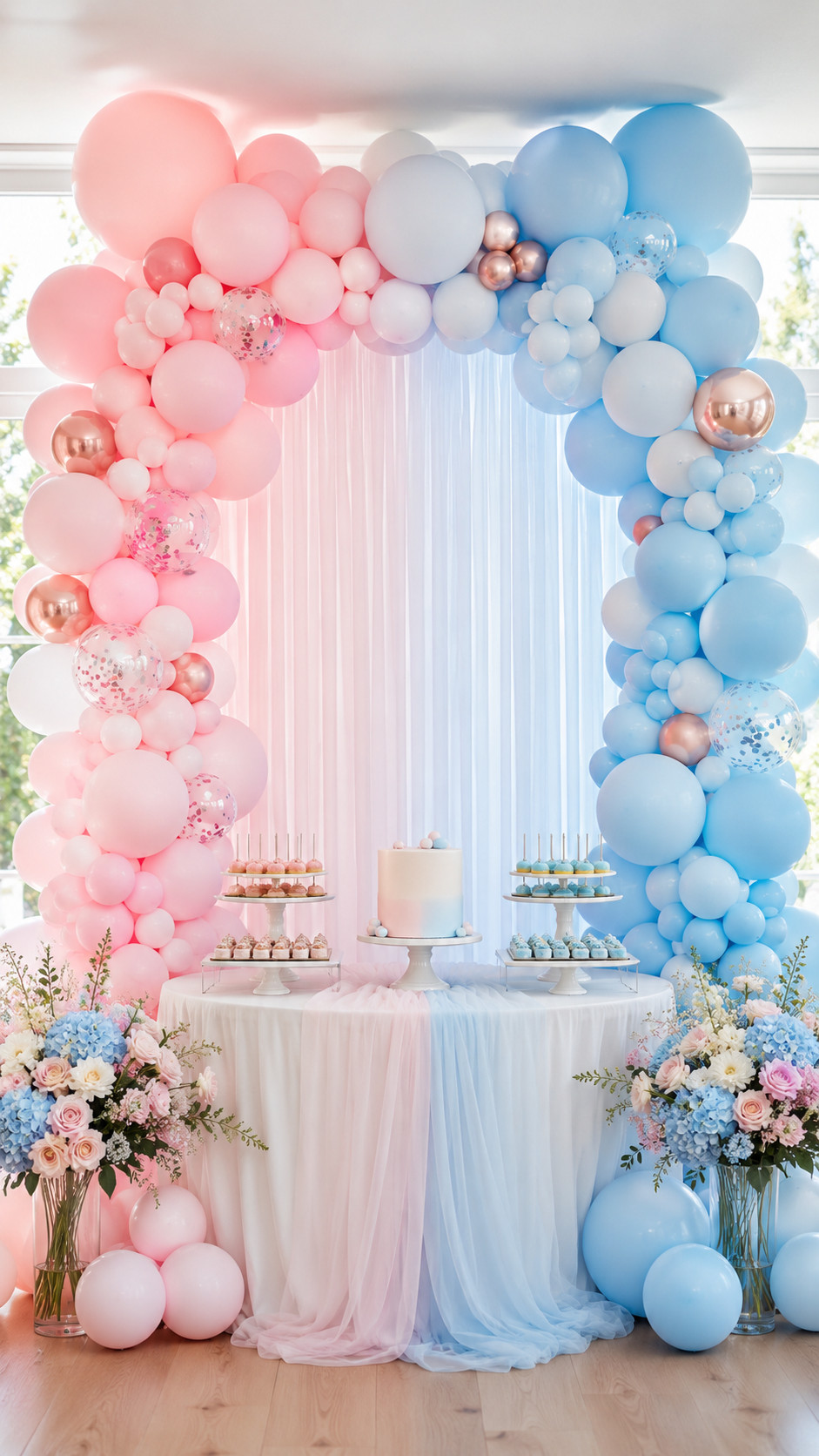 Photo of a confetti cloud gender reveal balloon arch with blush pink, powder blue, pearl white, and clear confetti-filled balloons at a baby shower.