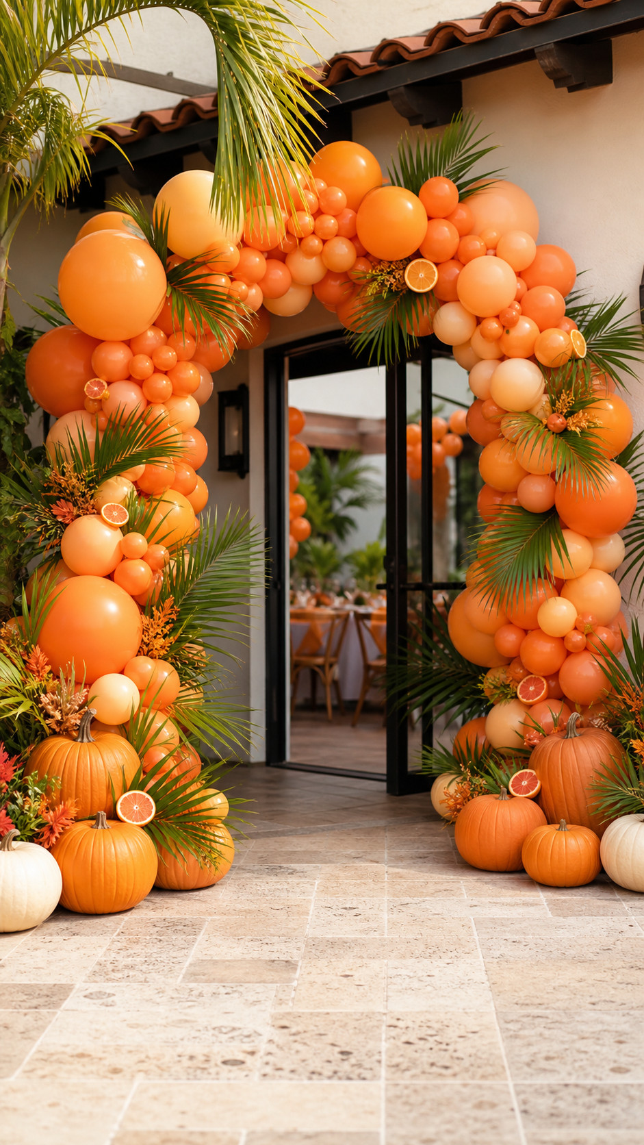 Photo of an orange and coral balloon arch with matte tangerine and soft peach clusters accented by palm fronds framing a backyard luau entrance.