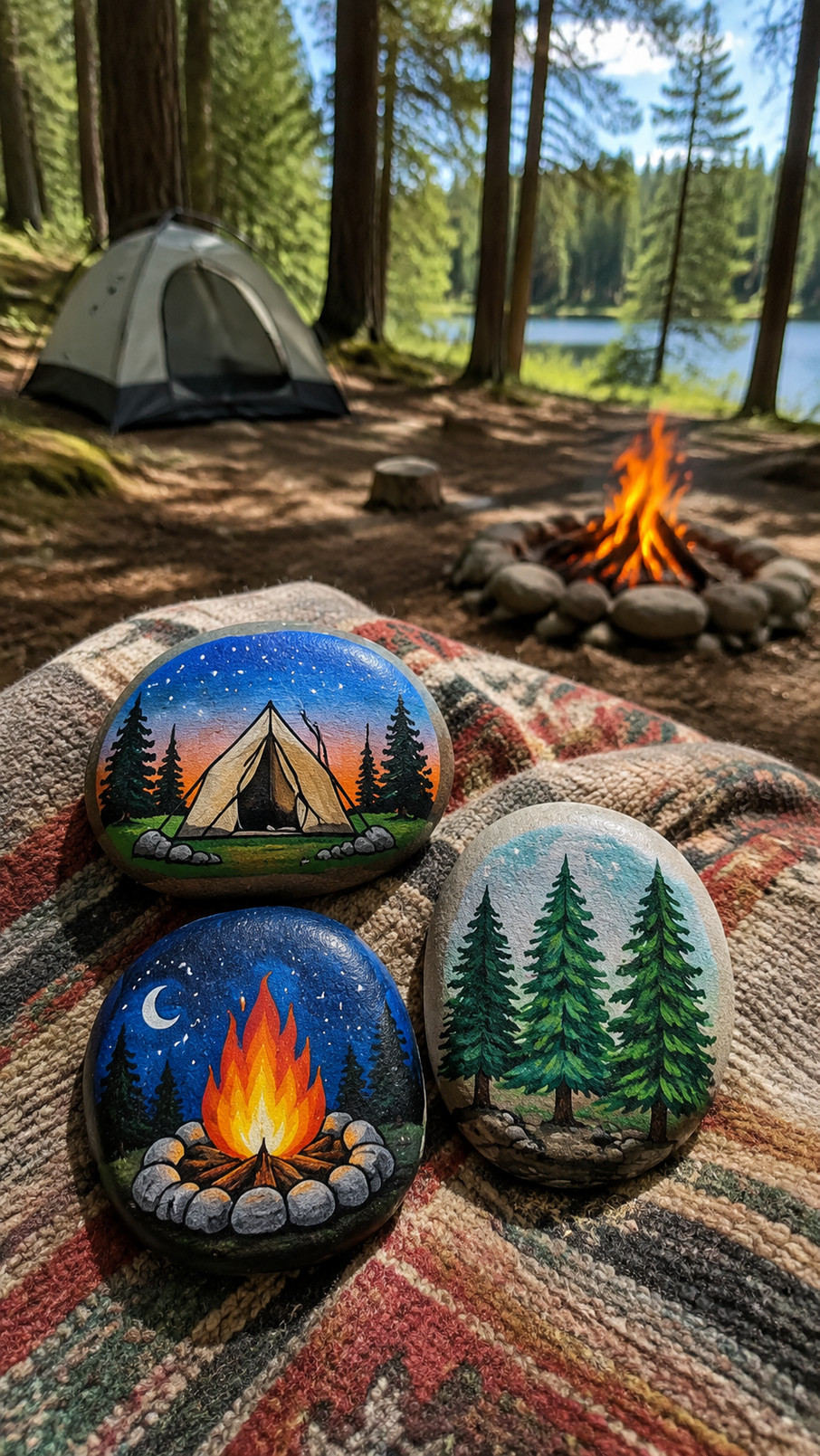 A colorful camper van painted rock featuring sunny yellow, leafy green, and sky blue details for a camping-themed design.