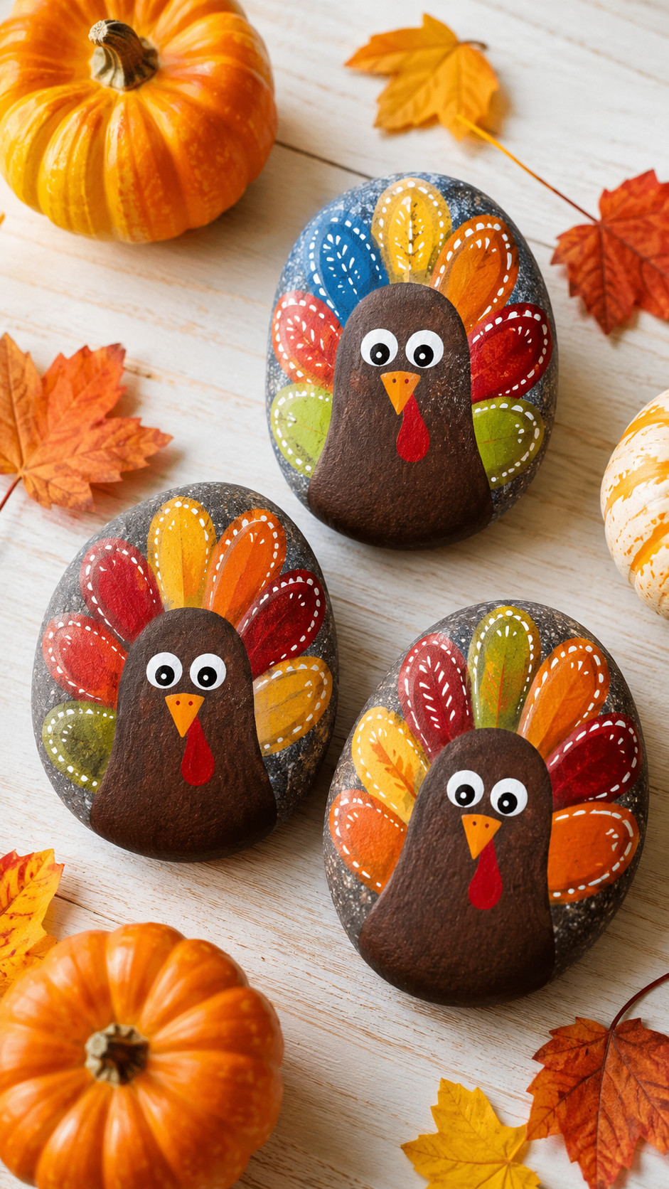 Painted rock turkey with cozy plaid feathers in red green and brown displayed on a mantel with autumn decor.