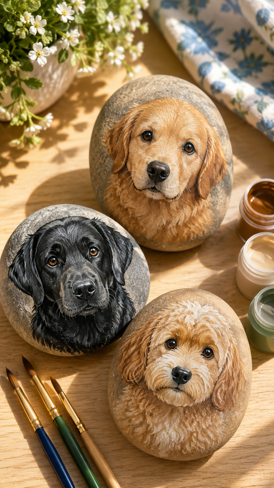 A painted rock featuring a brown Dachshund with floppy ears, tiny paws, and a red bandana.