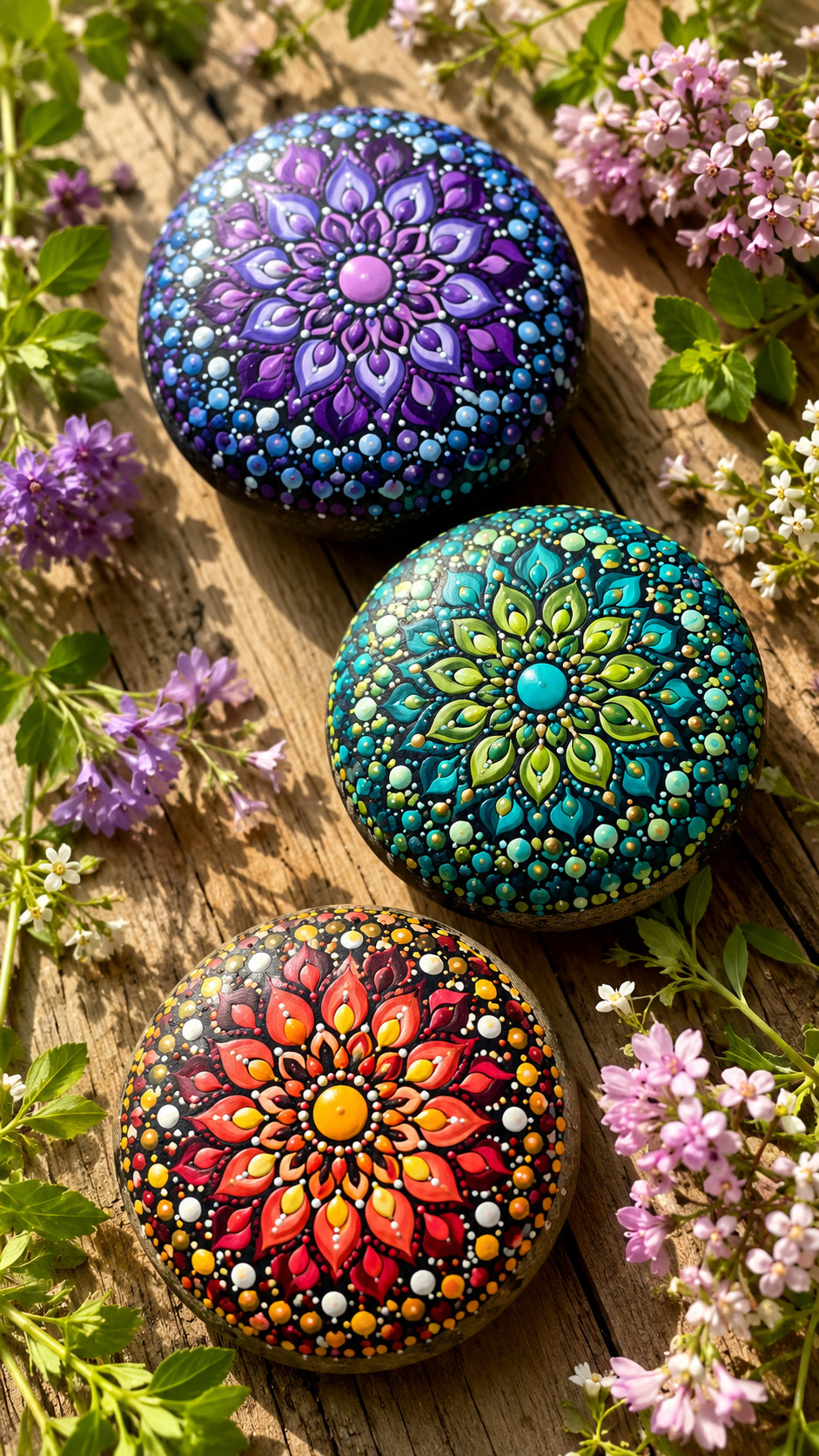 Photo of a desert sunset mandala painted rock with terracotta, rose, and golden ochre geometric petals.