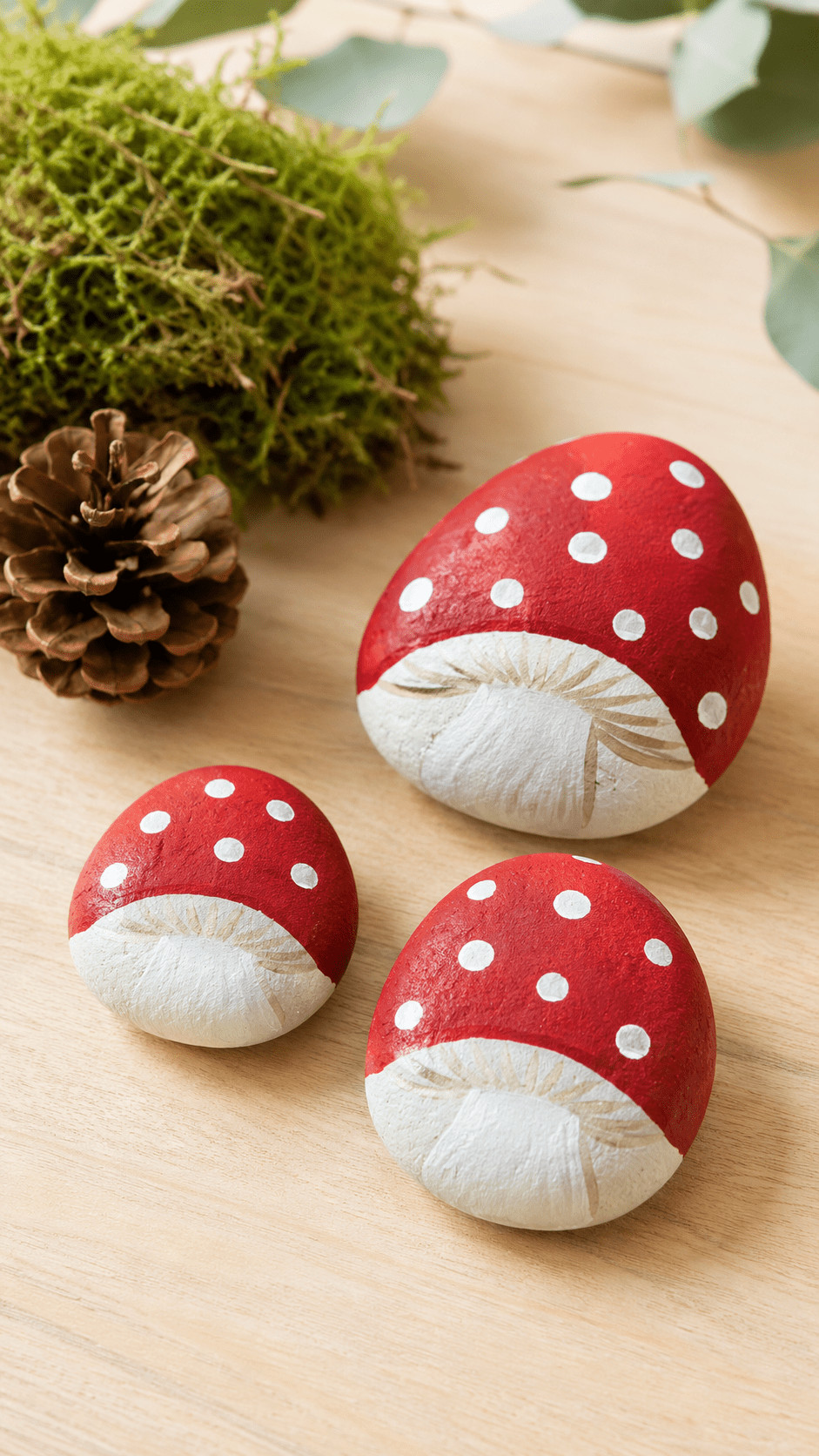 Photo of painted mushroom rocks with pearly dew-kissed highlights on emerald caps arranged on a mossy windowsill.