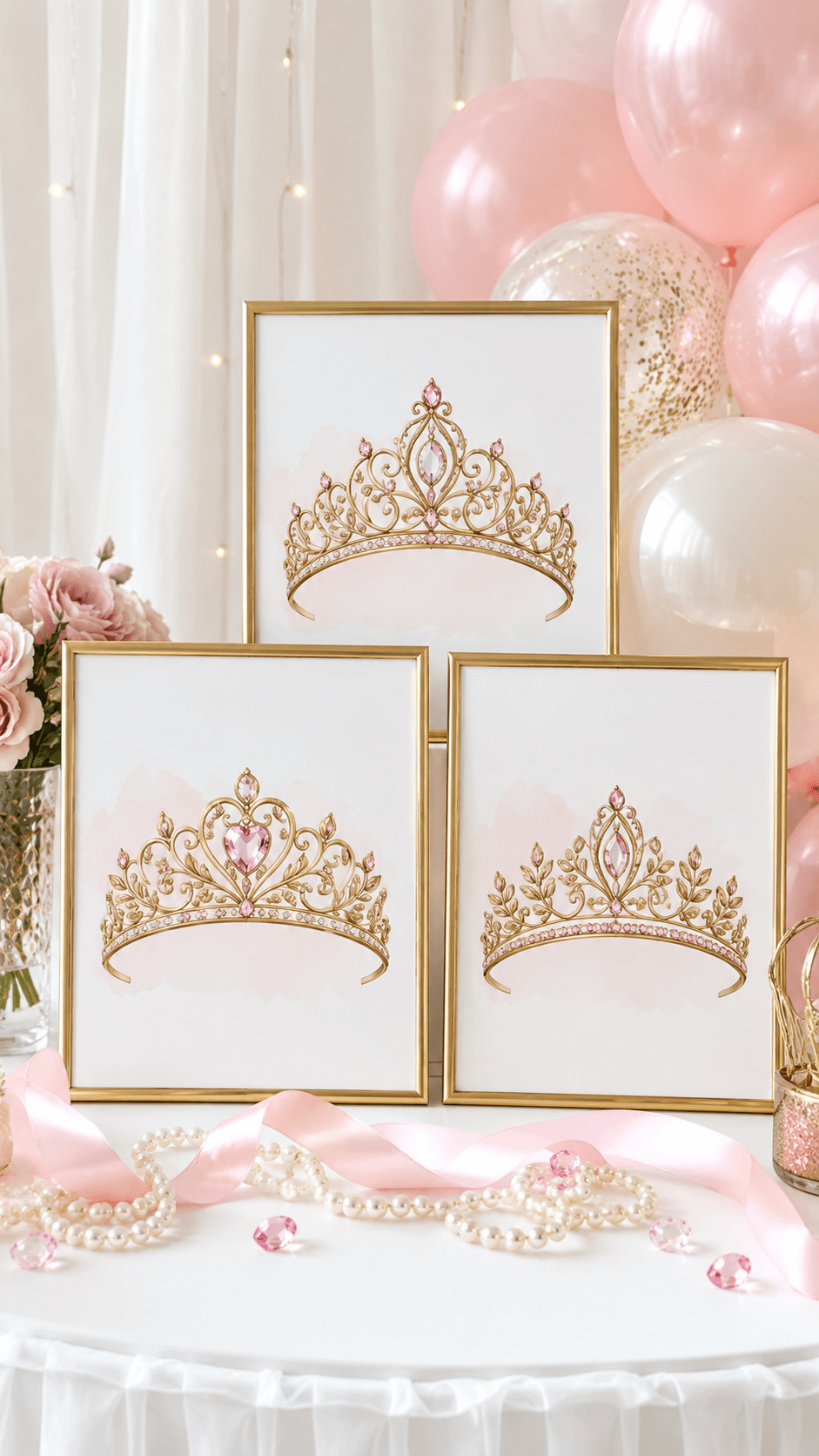 Photo of a dewdrop tiara printable featuring a delicate filigree crown with pearly dewdrops and aquamarine accents on a soft watercolor morning light background.