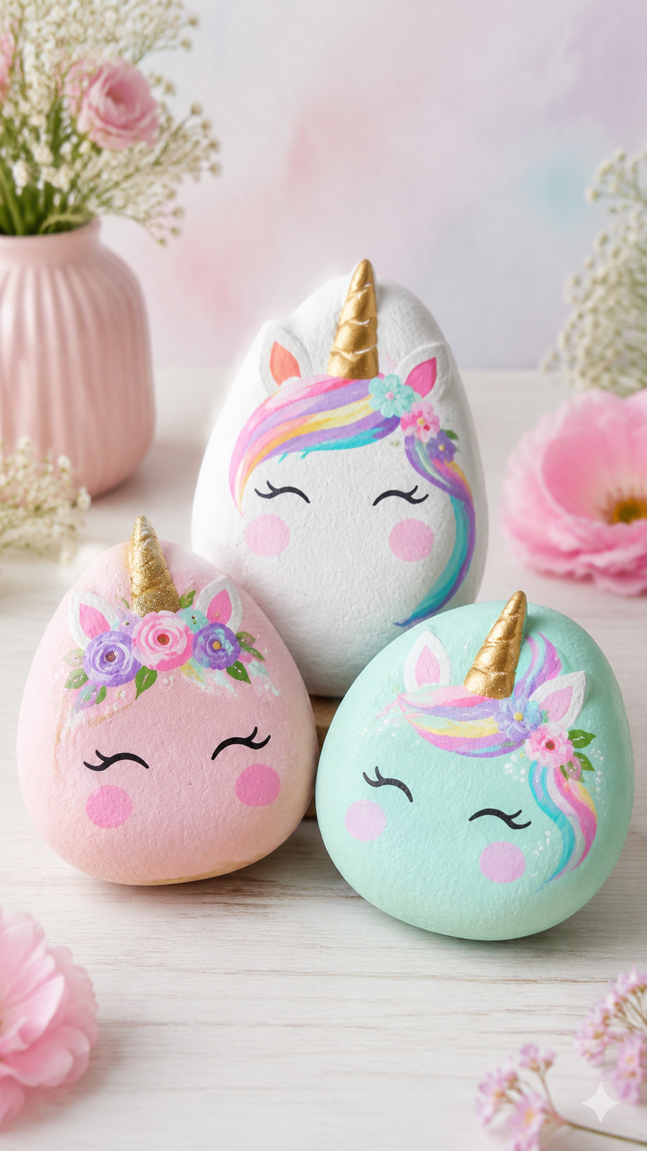 Photo of a painted rock unicorn with pearly mint mane, glitter accents, and soft sunrise colors set on a garden background.