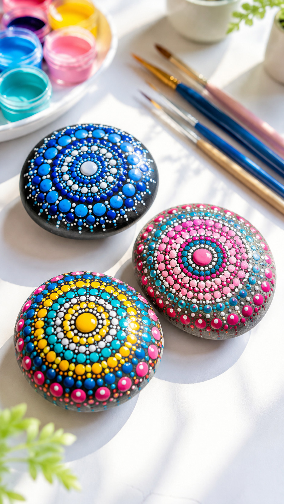 A hand-painted rock featuring a whimsical dotted mushroom garden with colorful red, cream, and yellow mushrooms.