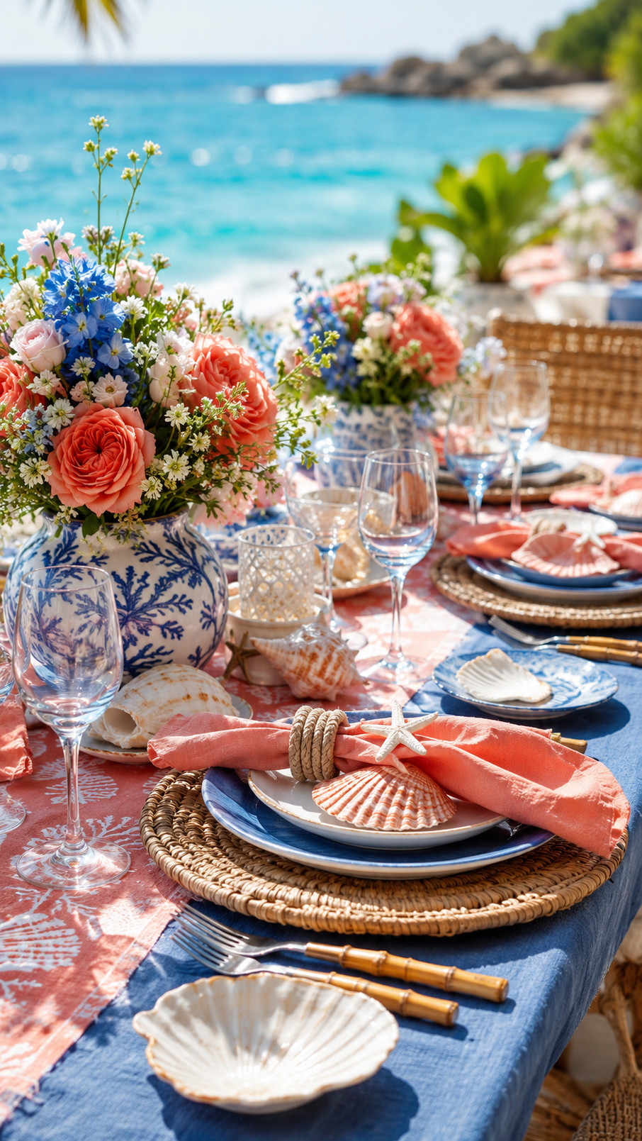 Driftwood place cards arranged on a summer beach tablescape with sandy textures, sunlit plates, and sea-inspired linens.