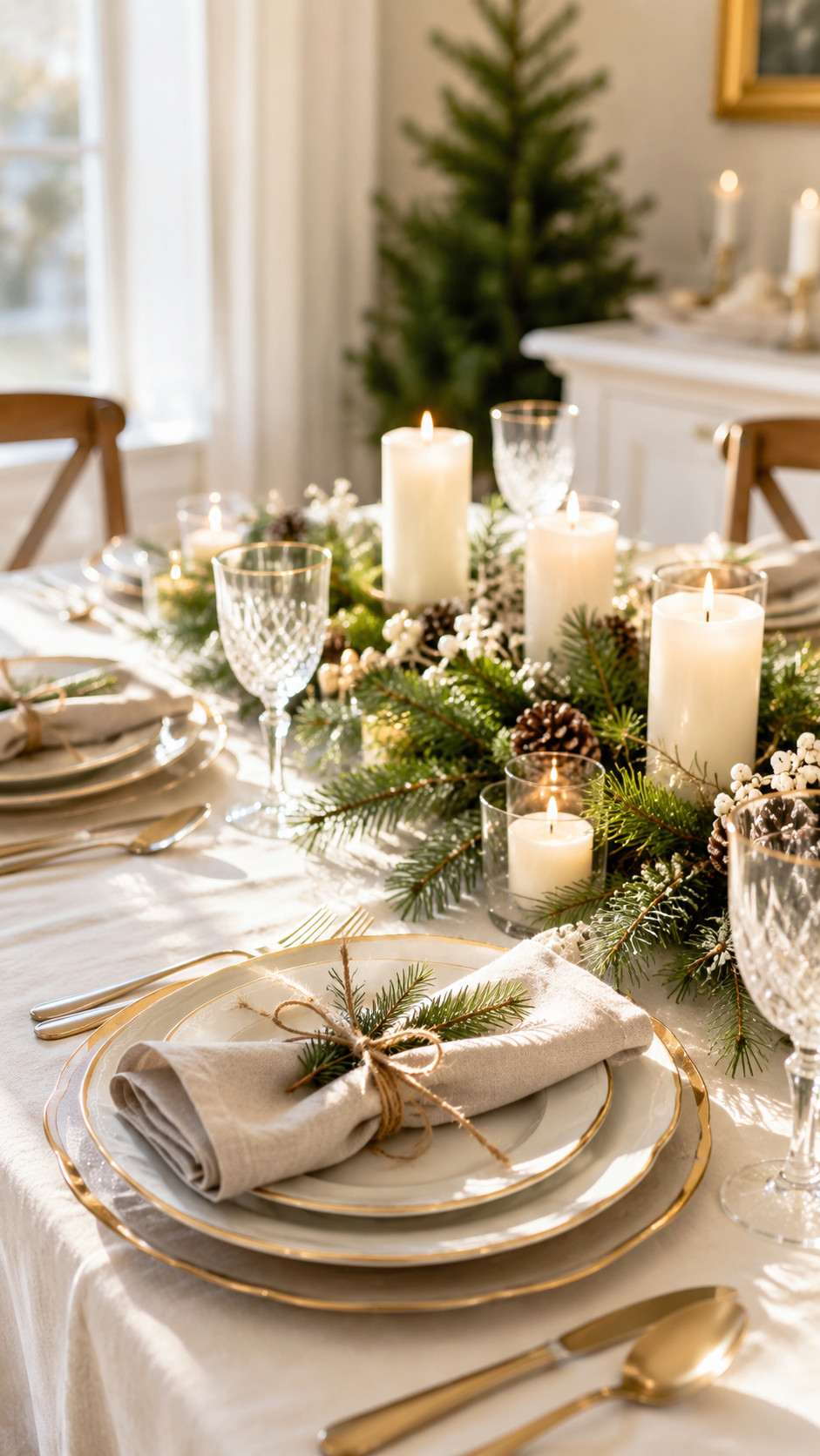 Photo of a citrus and evergreen tablescape with orange slices, fir sprigs, a mossy runner, and brass votives glowing with candlelight.