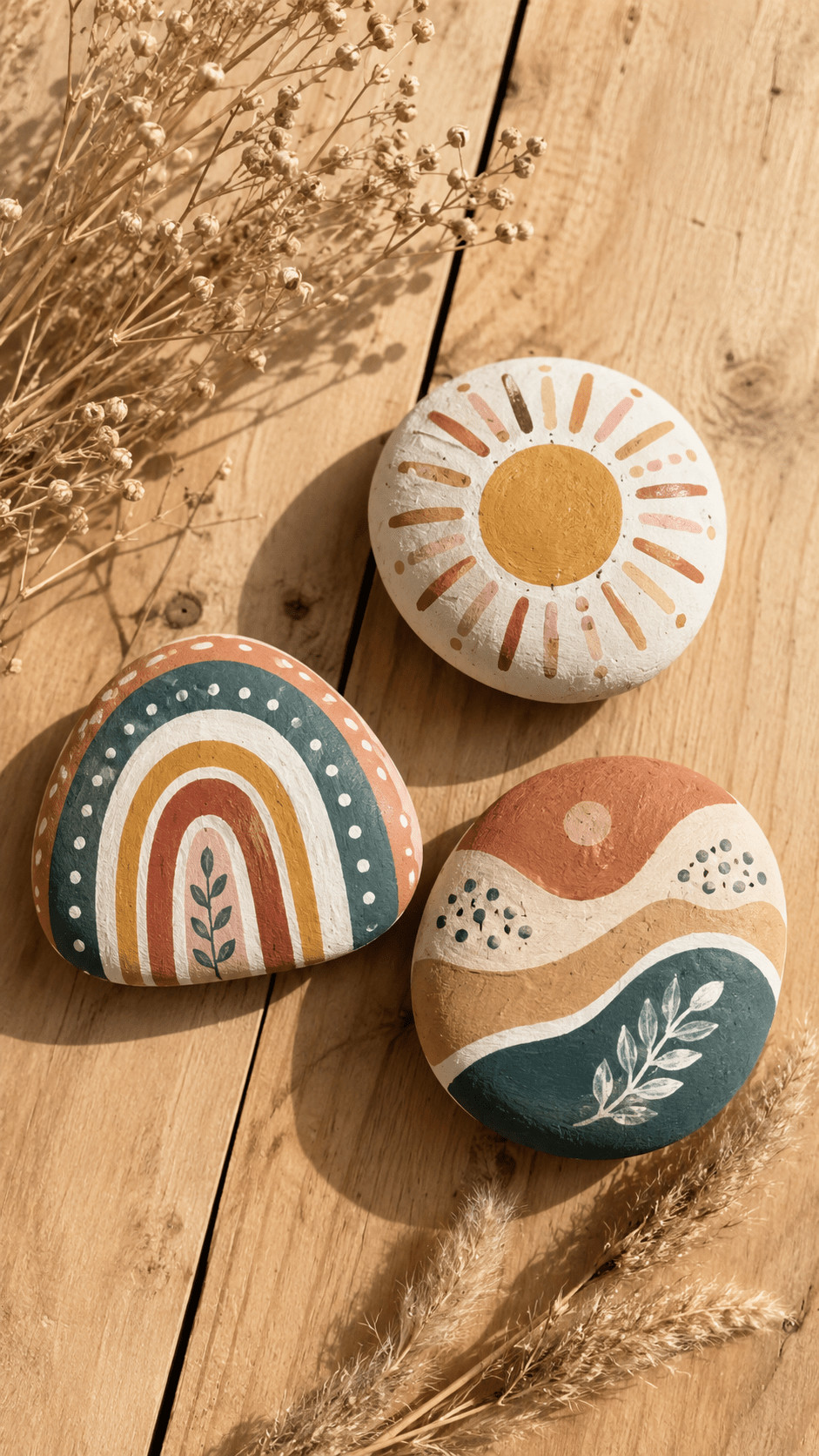 A painted rock featuring layered turquoise, coral, and gold feathers in a boho free-spirit design.