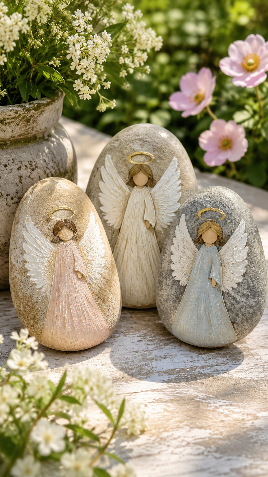A painted rock featuring a floral halo angel with pastel pink, lavender, and cream flowers, delicate wings, and a peaceful expression.