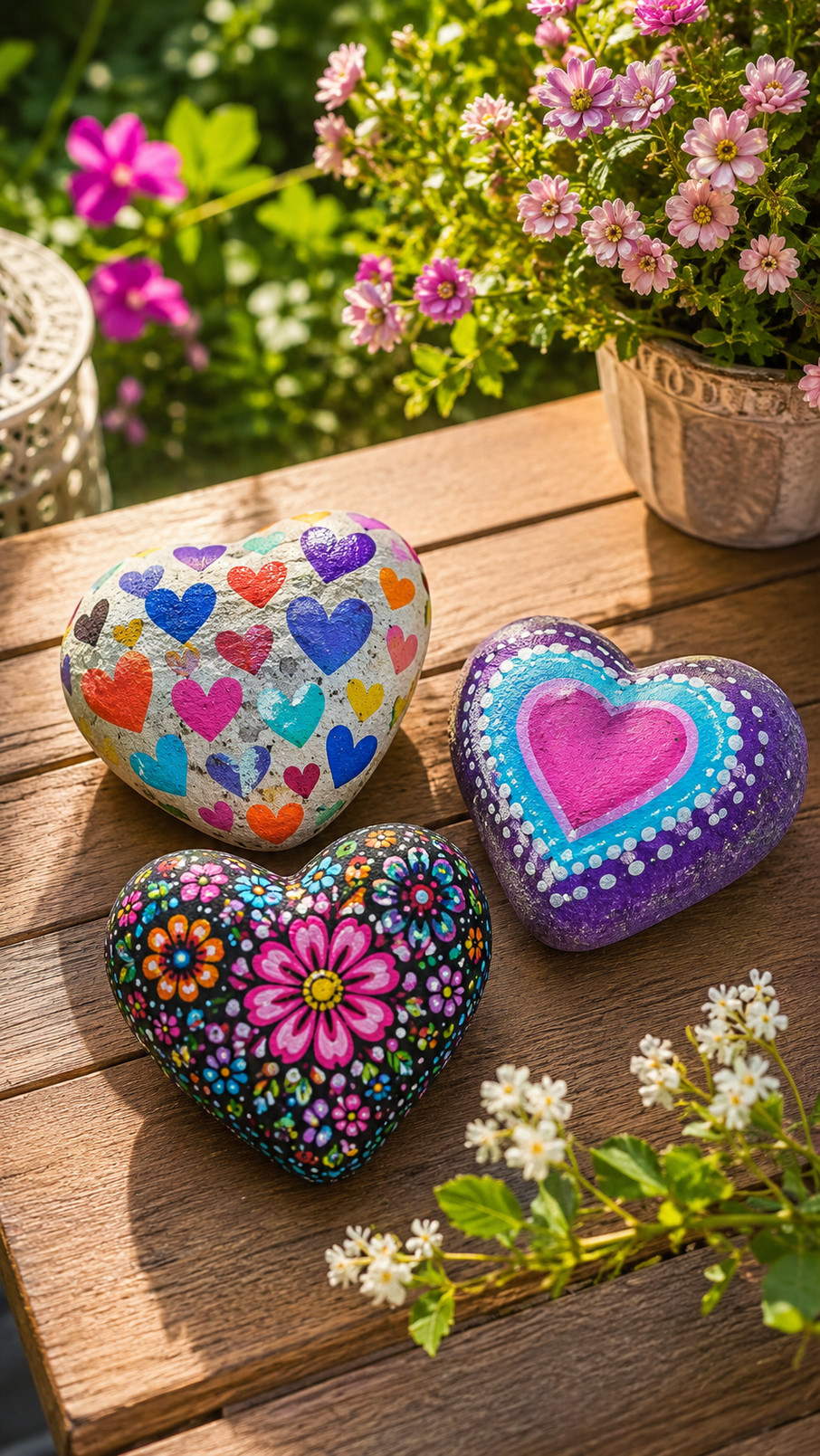 Floral heart stones featuring painted rosy flowers, green leaves, and cream accents on heart-shaped rocks.