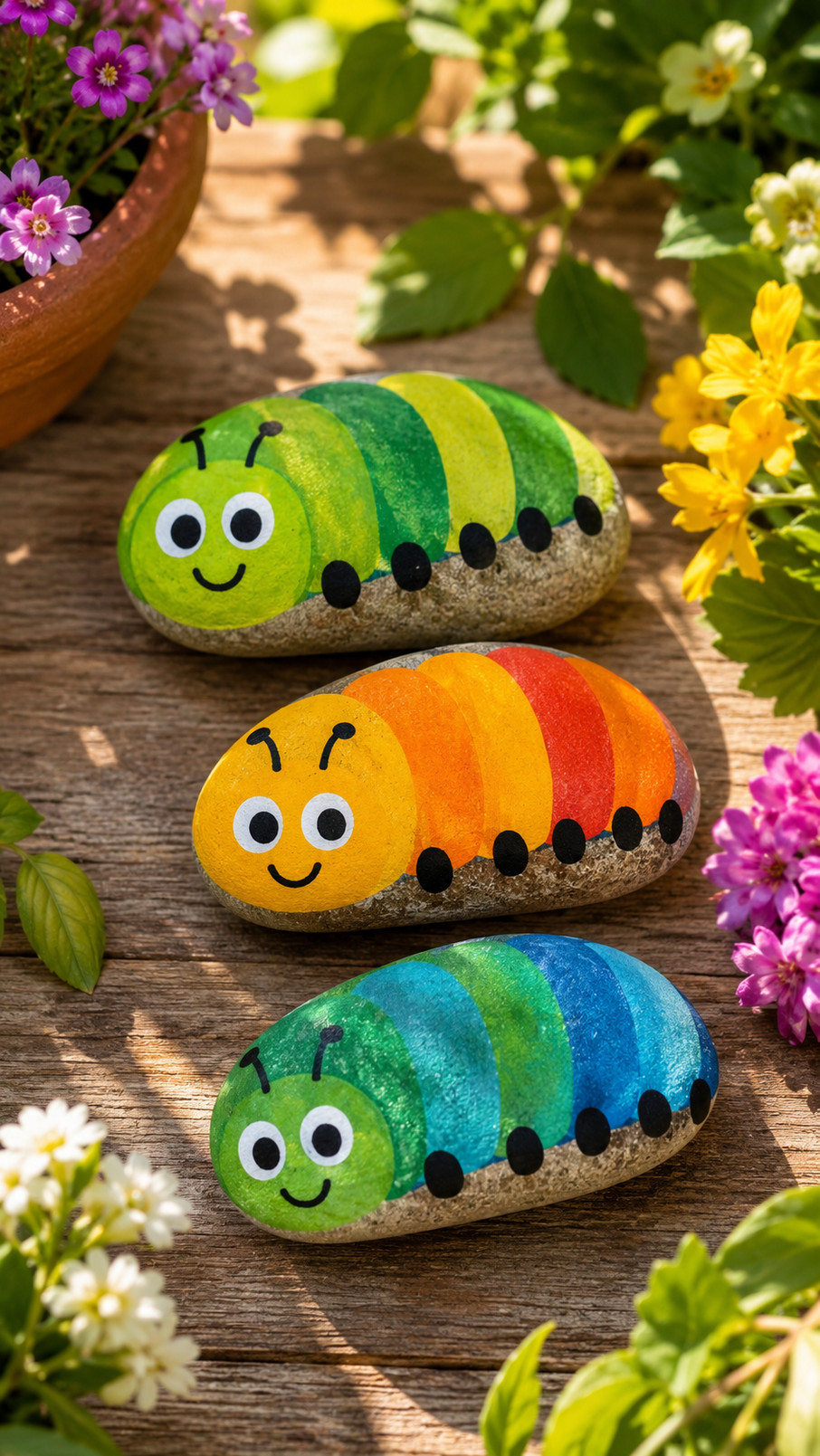 A garden party caterpillar painted rock featuring yellow, green, and pink colors with tiny flowers.