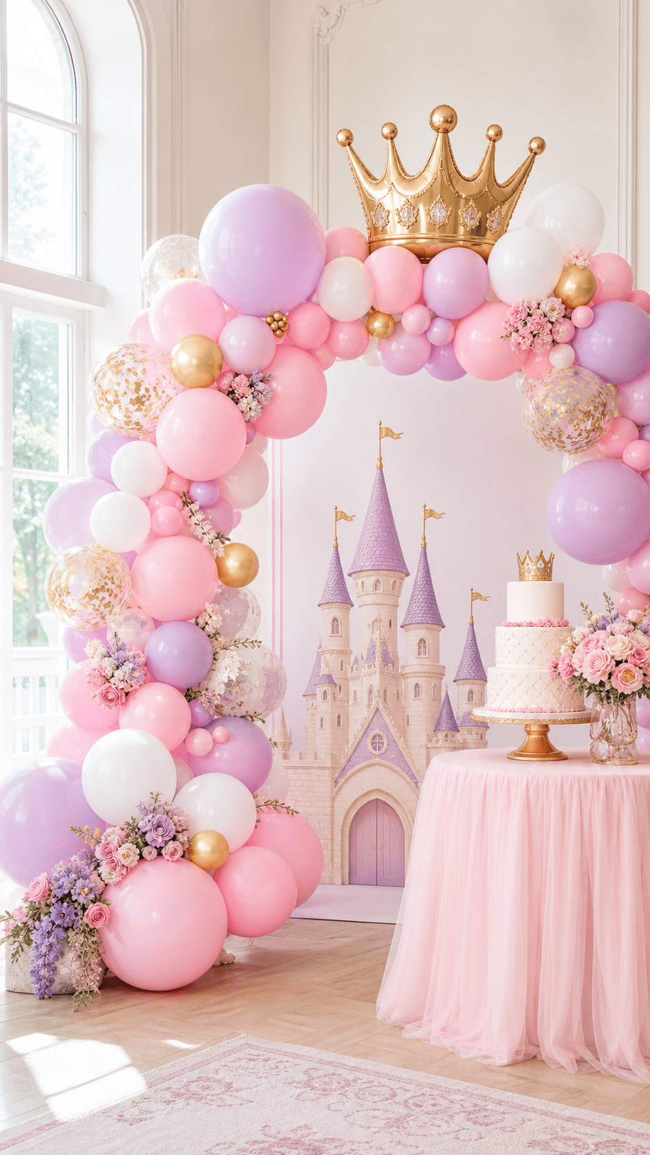 Photo of a gilded tulle balloon arch with blush, champagne gold, and ivory balloons, tulle ribbons, small floral sprigs, a sparkling crown topper, and warm fairy lights.