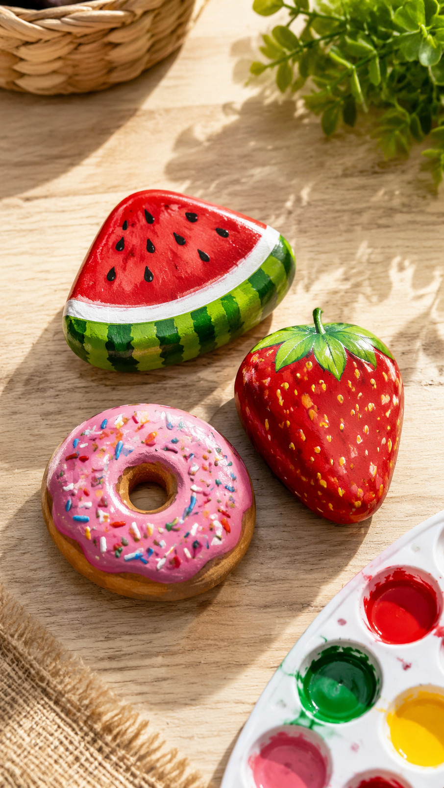 A painted rock designed to look like a pink glazed donut with white drizzle and colorful sprinkles.