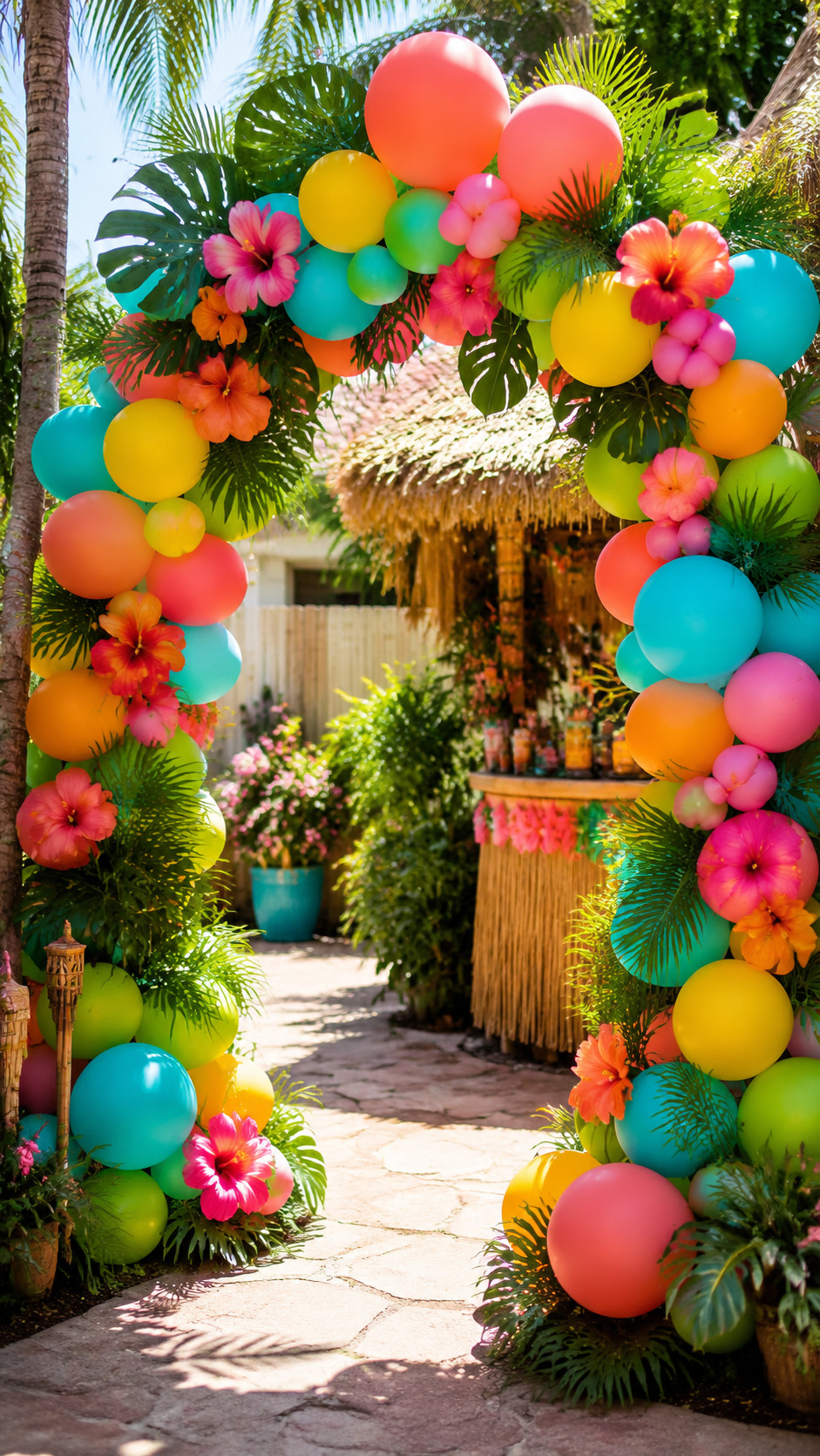 Coral, peach, and magenta balloon arch decorated with glossy hibiscus blooms and palm fronds at a tropical beach party backdrop.