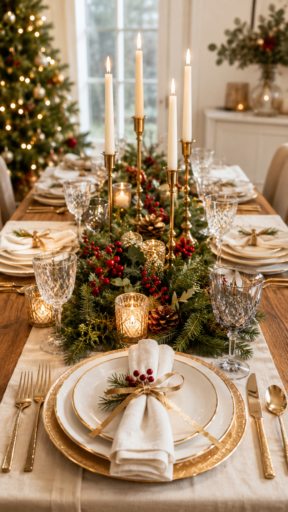 Table set with frosted blue linens, silver chargers, white plates, glowing candles and snowy pine sprigs for a wintry holiday tablescape.