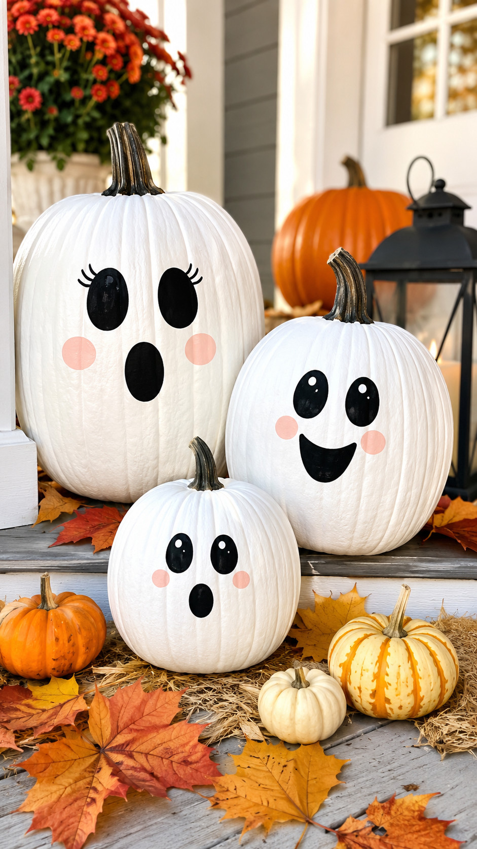 Photo of a lace-trimmed white ghost pumpkin with delicate fabric edges sitting on a mantel as Halloween decor.