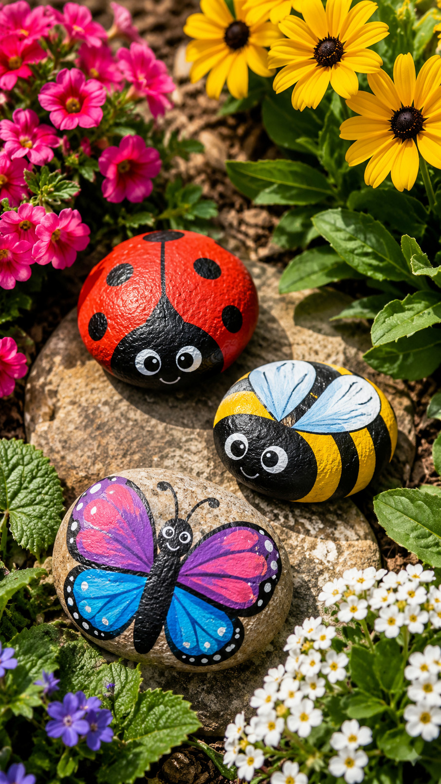 A painted garden rock showing a bright red ladybug with black spots resting on a green leaf.