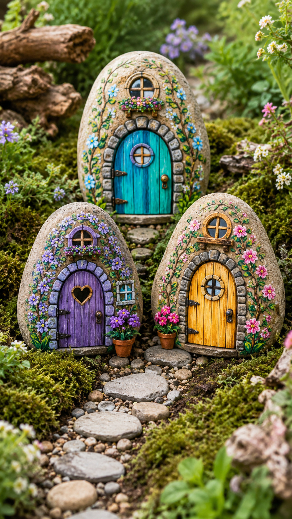 Lavender painted rock fairy door with white lattice details nestled among herbs and small garden blossoms.