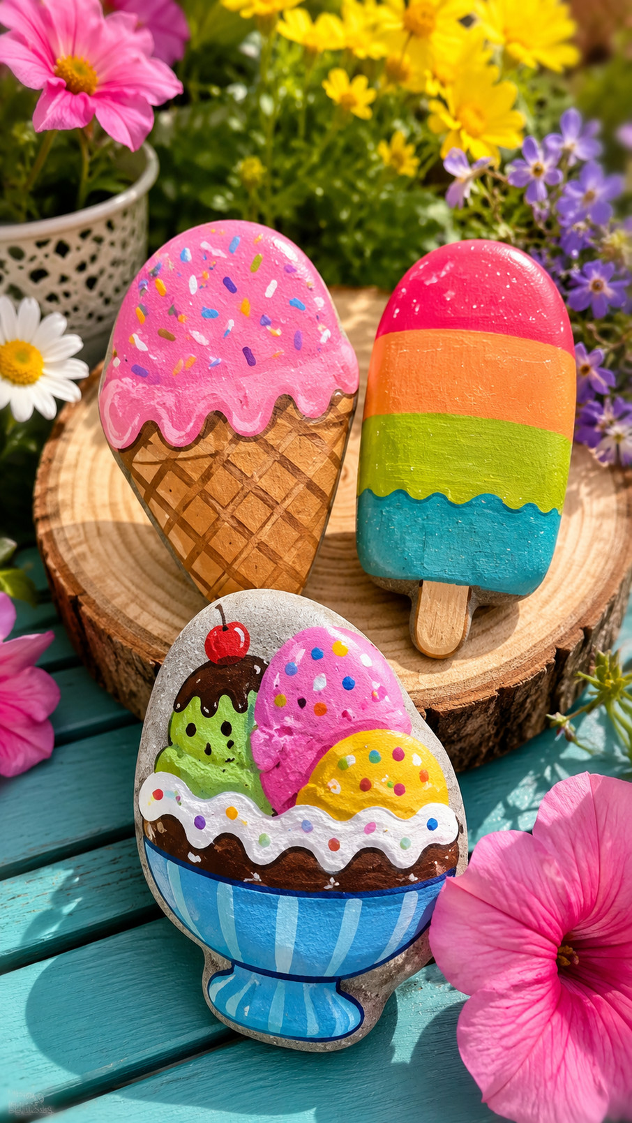 A lavender ice cream sundae painted rock with rosy sprinkles and a cherry topping.