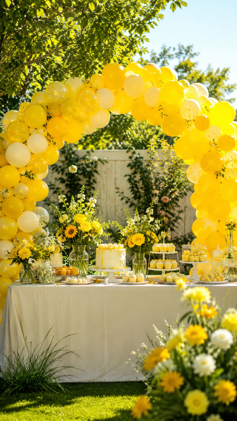 A bright yellow balloon arch with white balloons and citrus-inspired decorations styled above a cheerful summer party table.