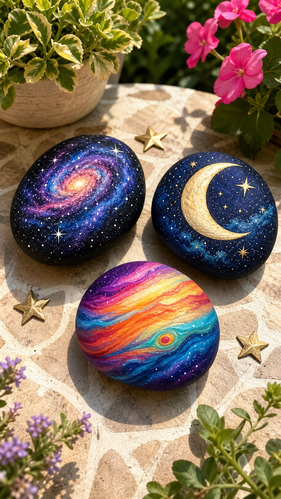 Photo of a smooth painted rock featuring a glowing crescent moon, lavender stars, midnight-blue petals, and a whimsical celestial garden design.