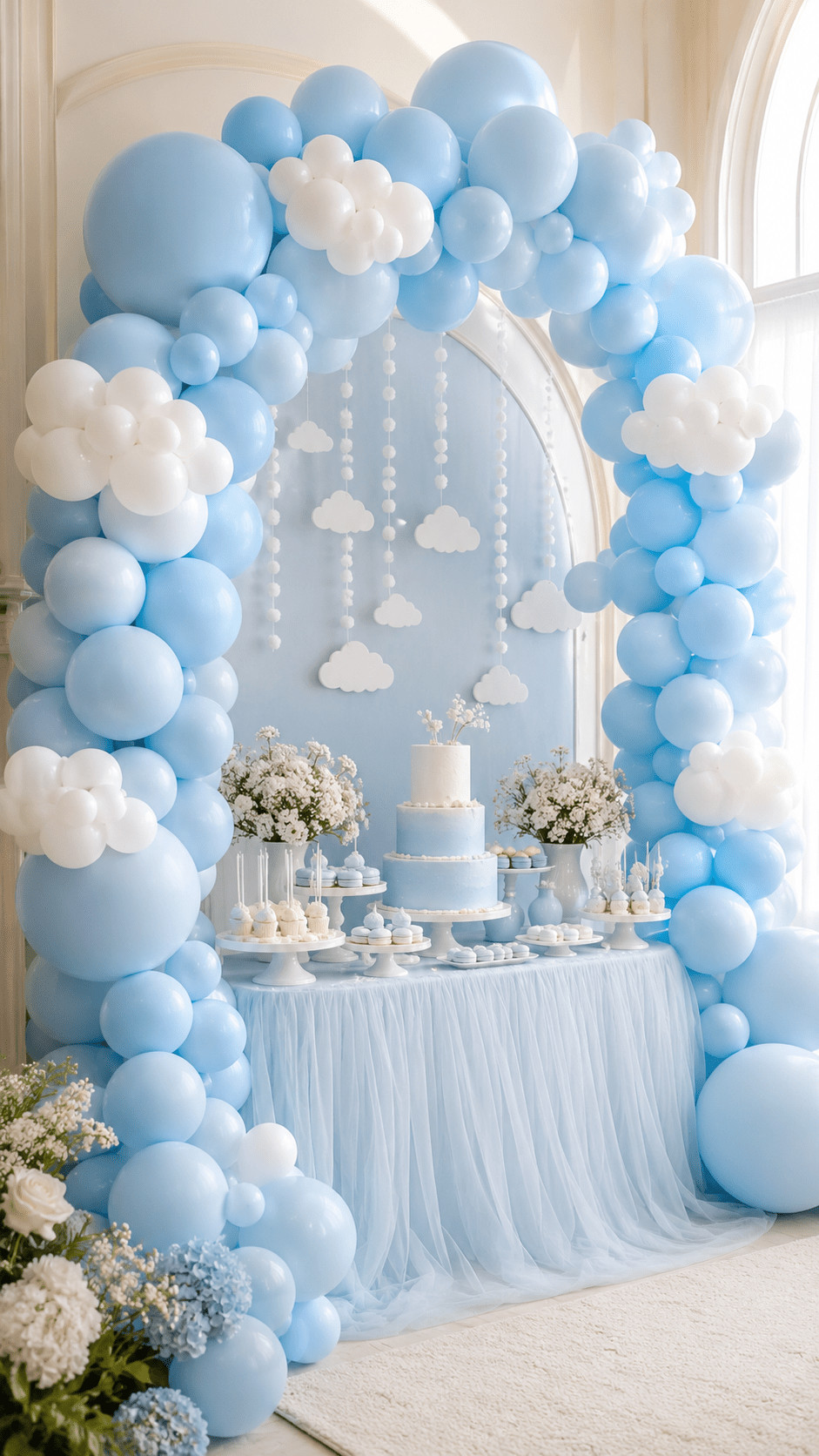 Photo of a marshmallow cloud balloon arch in baby blue and cream with pearly accents creating a whimsical backdrop for a baby shower.